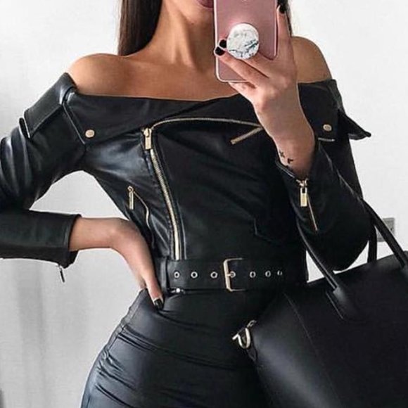 Black Off Shoulder Zipper Faux Leather Midi Dress - Picture 3 of 8